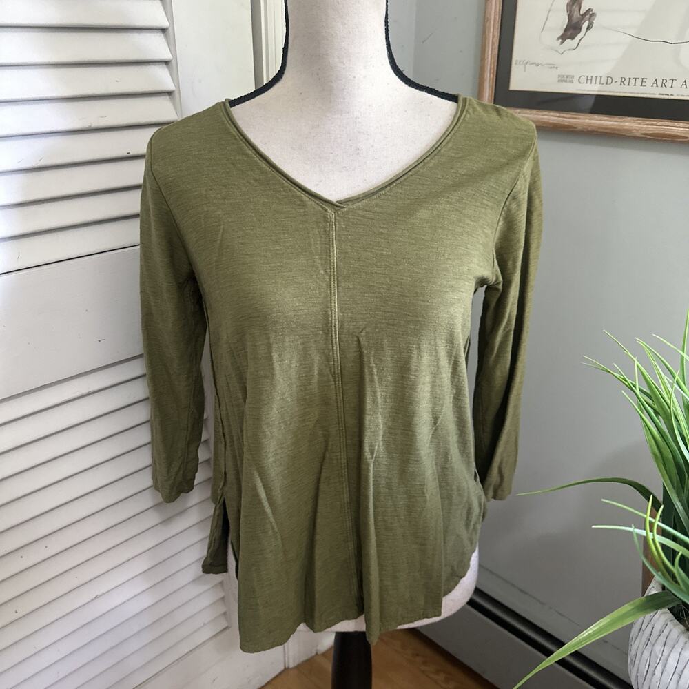 Cut Loose Top Womens XS Olive Green Linen Cotton Blend Minimalist Lagenlook Chic